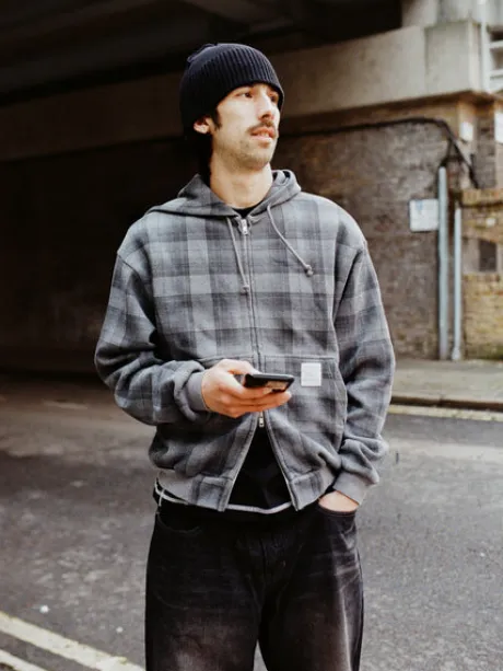 Waffle Zip-Thru Hood, Grey Plaid