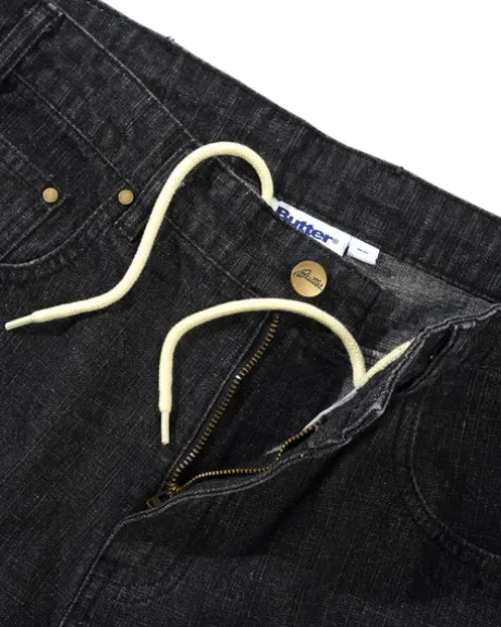 Wide Cut Denim Jeans, Streaky Black Wash