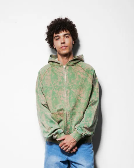 Woods Camo Zip-Thru Hood, Washed Black